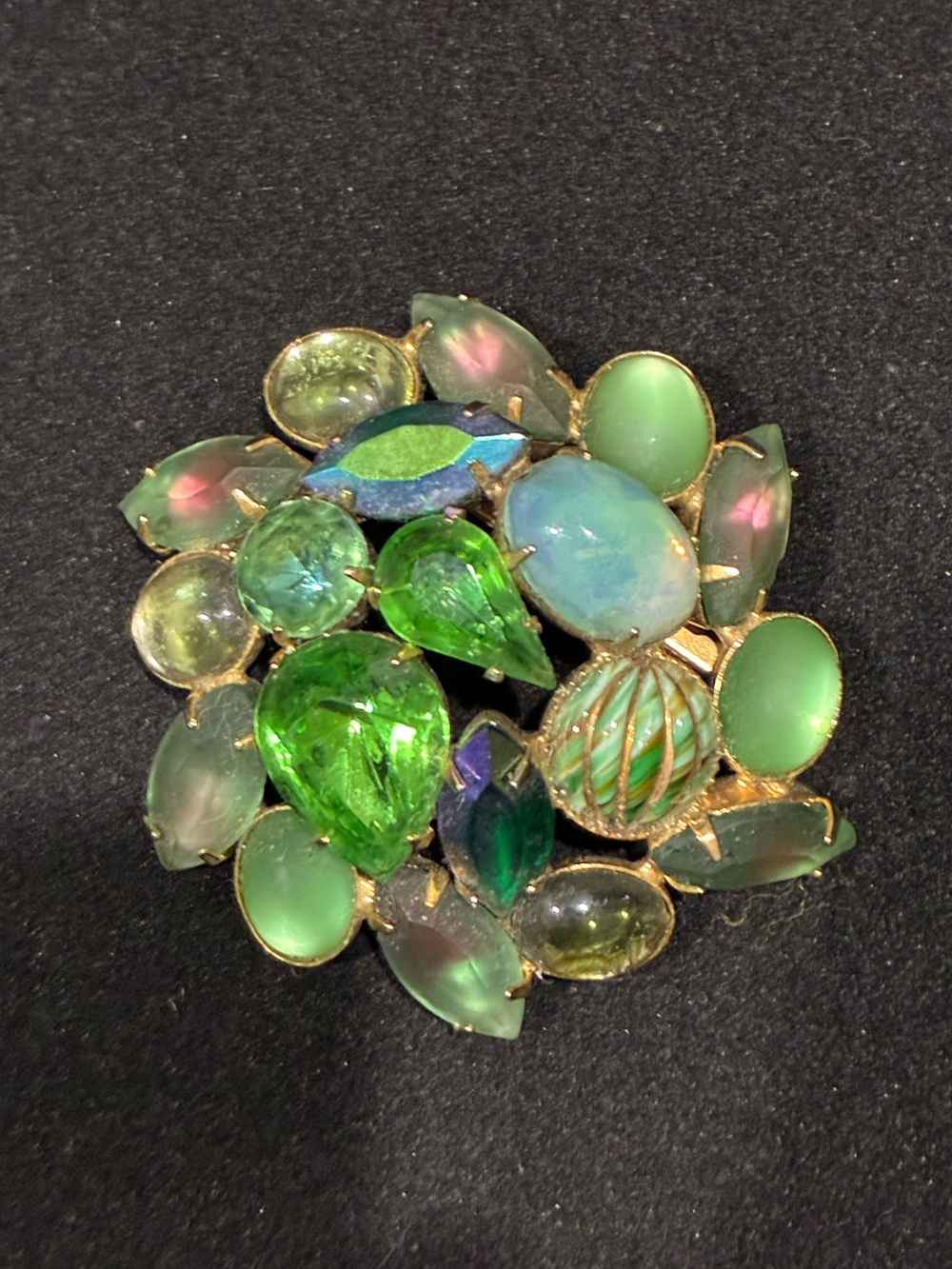 Vintage Mid-Century Green Mixed Art Glass & Frosted Cabochon Statement Brooch